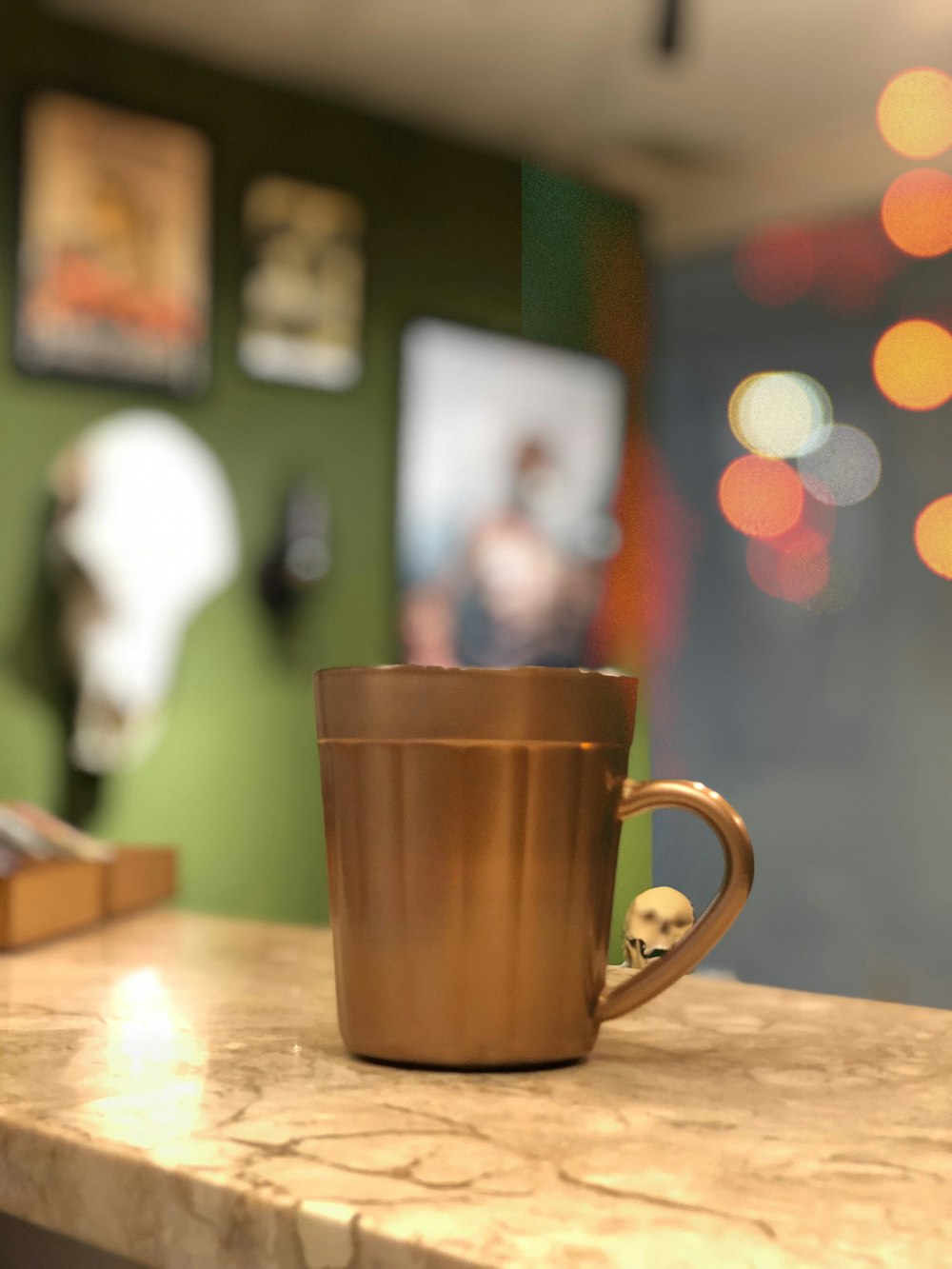 a coffee cup sitting on top of a counter