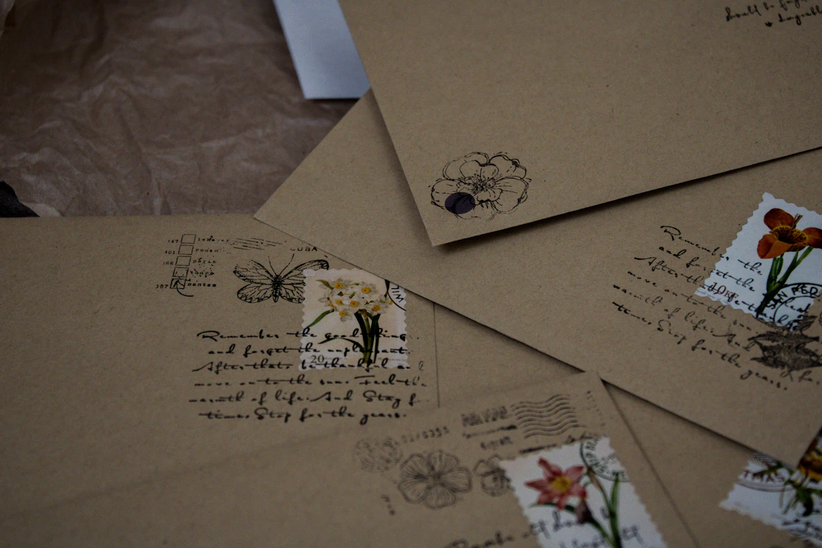 A stack of handwritten envelopes tied together with fresh flowers