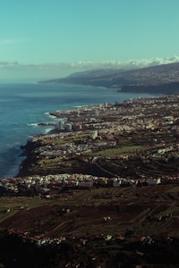 Aerial view of a coastal city with sprawling urban development along the shoreline. The city is bordered by the ocean on one side and lush, rolling hills on the other. Buildings of varying heights are visible, along with patches of greenery and farmland. The sky is clear with a few clouds in the distance.