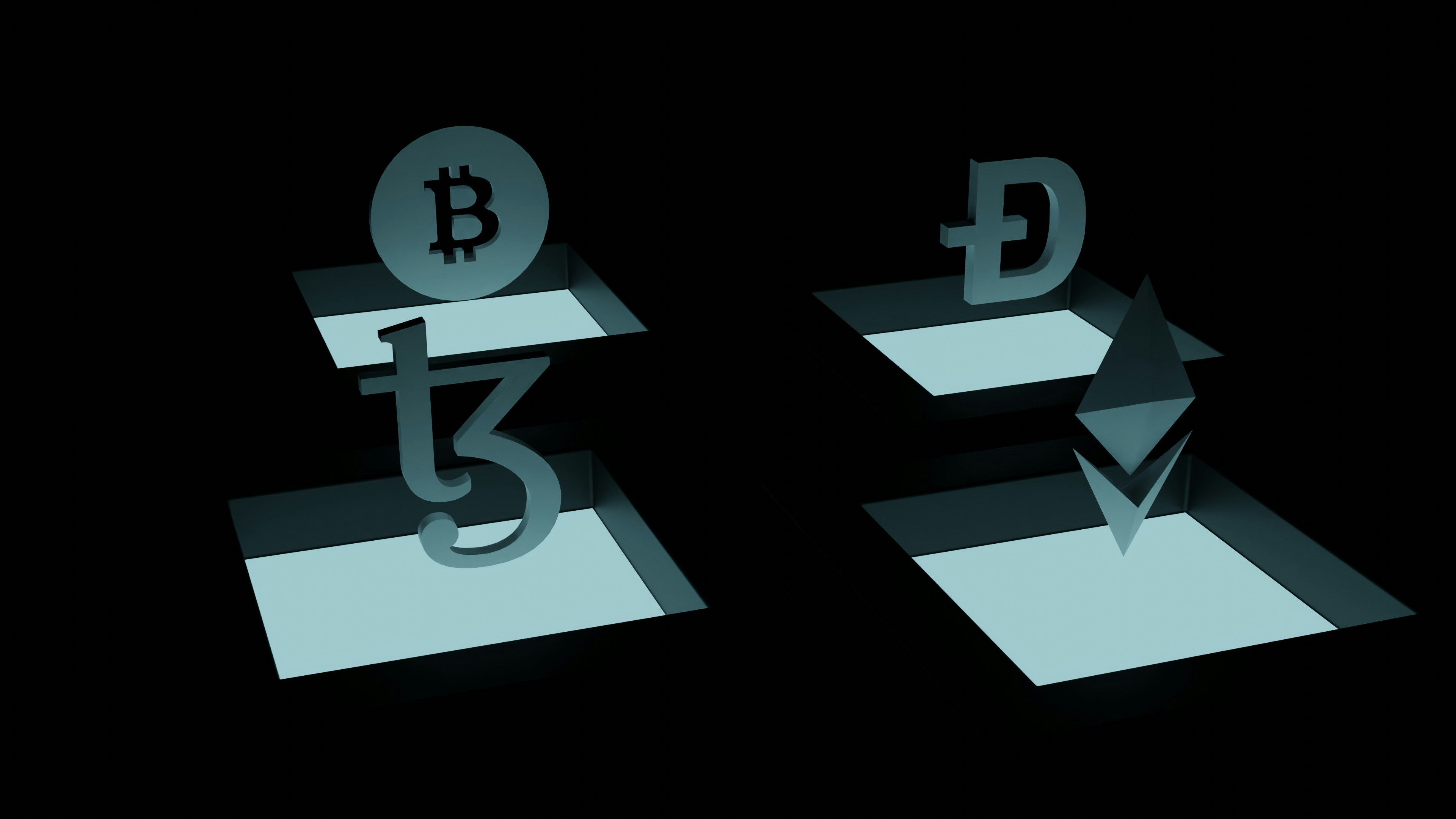 3D illustration of Tezos coin, bitcoin, Ehtereum, and dogecoin. Tezos is a blockchain designed to evolve. work 👇: Email: shubhamdhage000@gmail.com