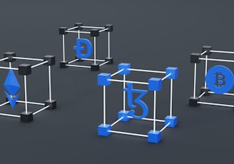 a set of three blue and white cubes with a bitcoin symbol