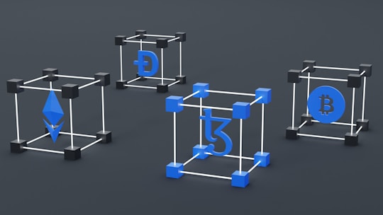 Four 3D geometric frames hold different cryptocurrency symbols, including Ethereum, Tezos, Dogecoin, and Bitcoin. Each symbol is integrated within a cube structure using blue and black elements.