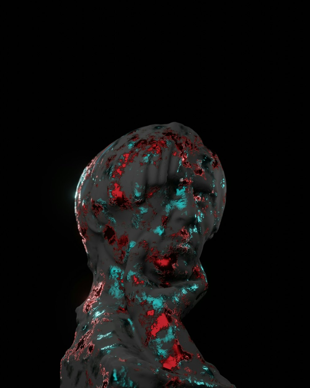 a close up of a human head with a black background