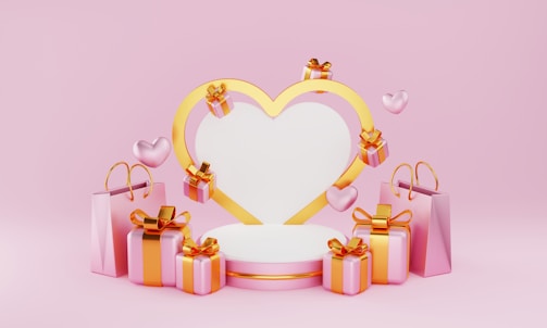 A heart-shaped frame with a gold outline is surrounded by floating pink hearts and several gift boxes wrapped with pink paper and gold ribbons. Pink shopping bags are placed on both sides, creating a celebratory and romantic atmosphere against a pink background.