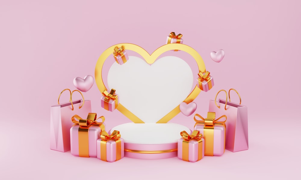a heart shaped sign surrounded by presents on a pink background
