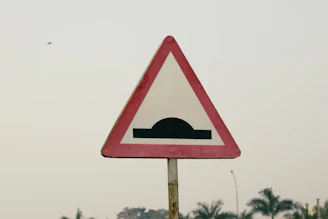 a red and white triangular sign on a pole