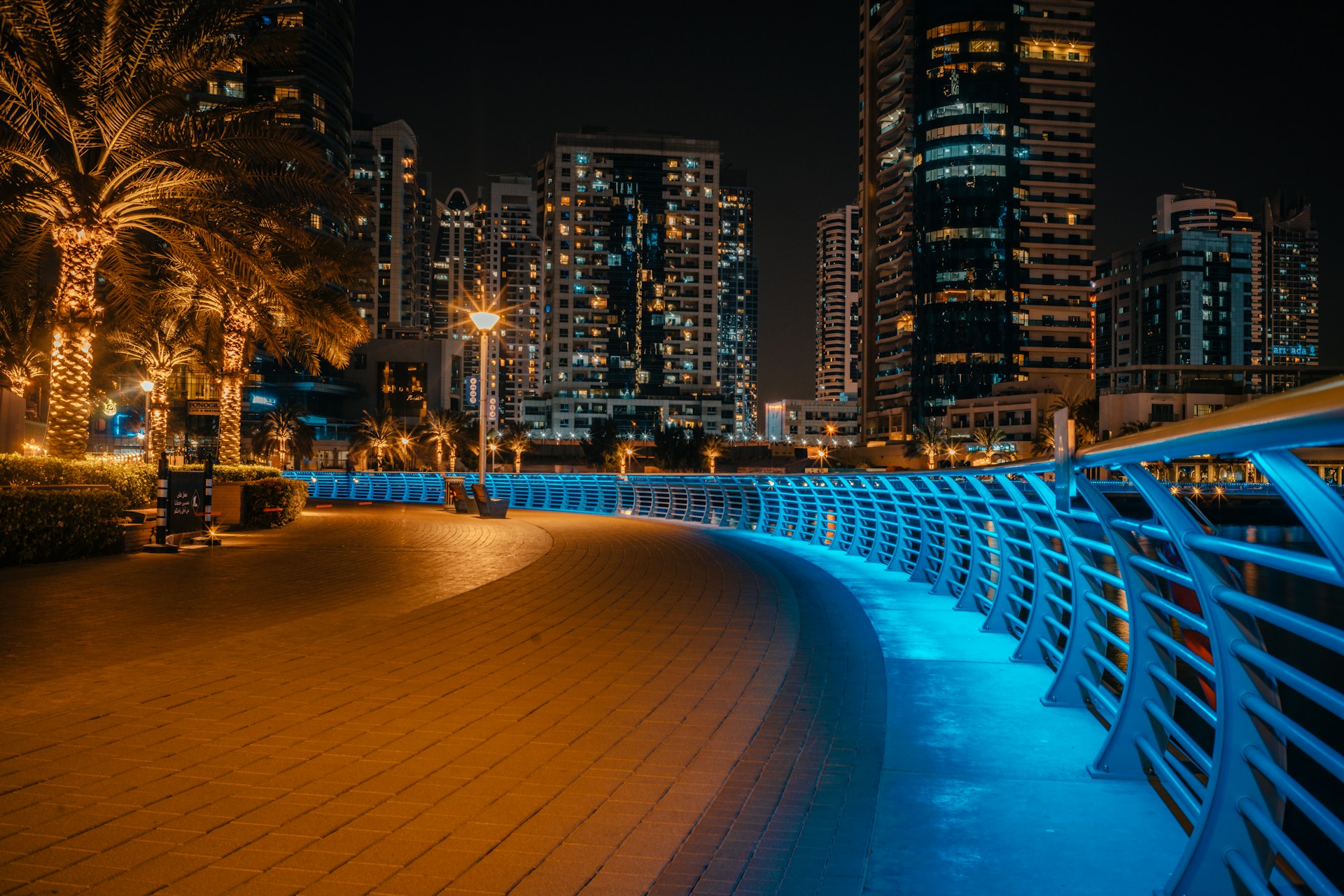 a city at night with a bridge and palm trees