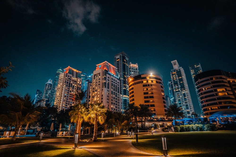 a city at night with palm trees and tall buildings