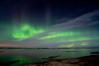 a green and purple aurora bore over a body of water