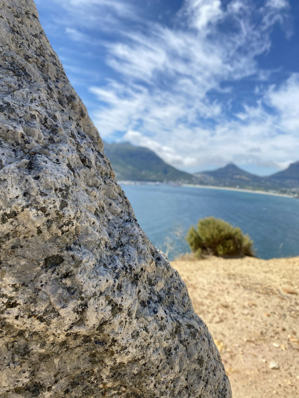 a close up of a rock with a body of water in the background