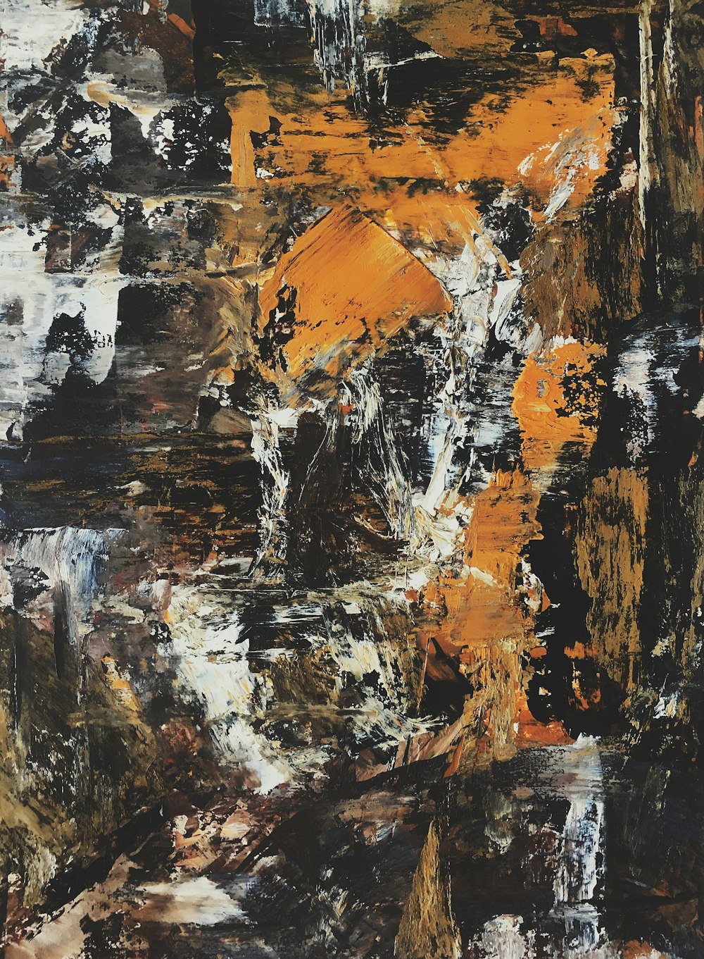 an abstract painting with orange and black colors
