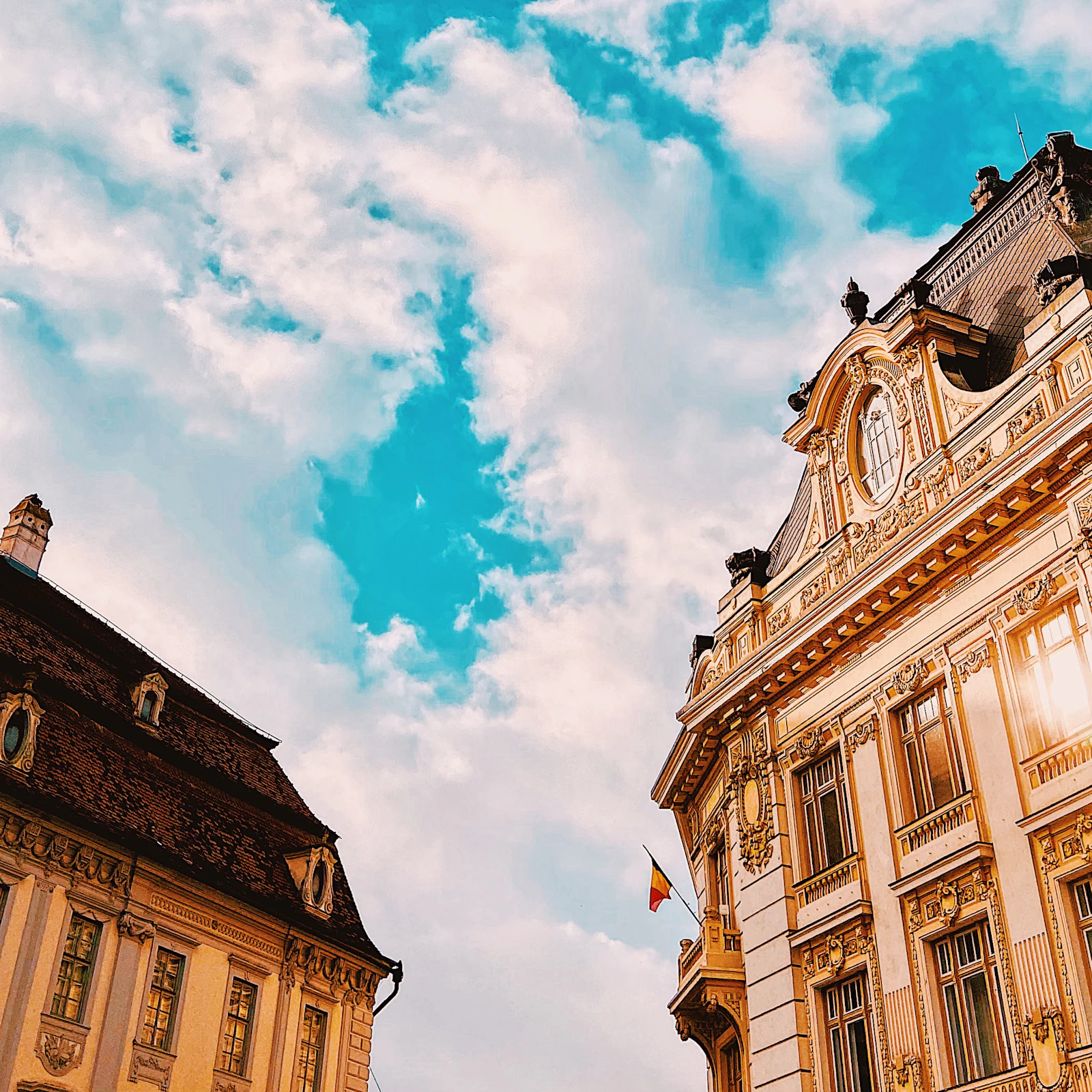 Historic façades and blue sky in Sibiu's old centre