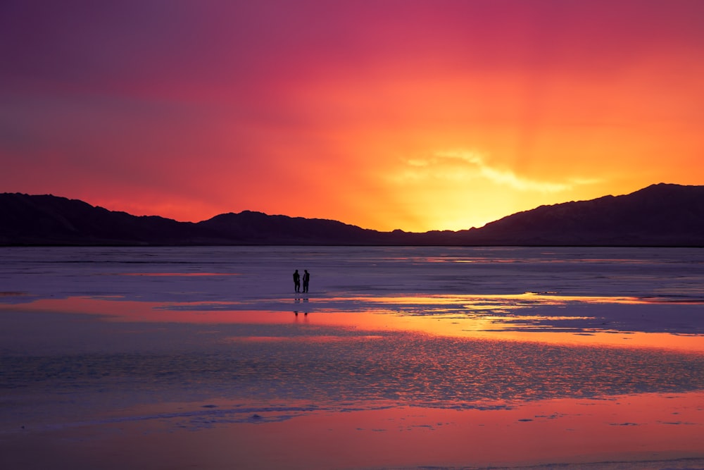 a couple of people standing on top of a beach