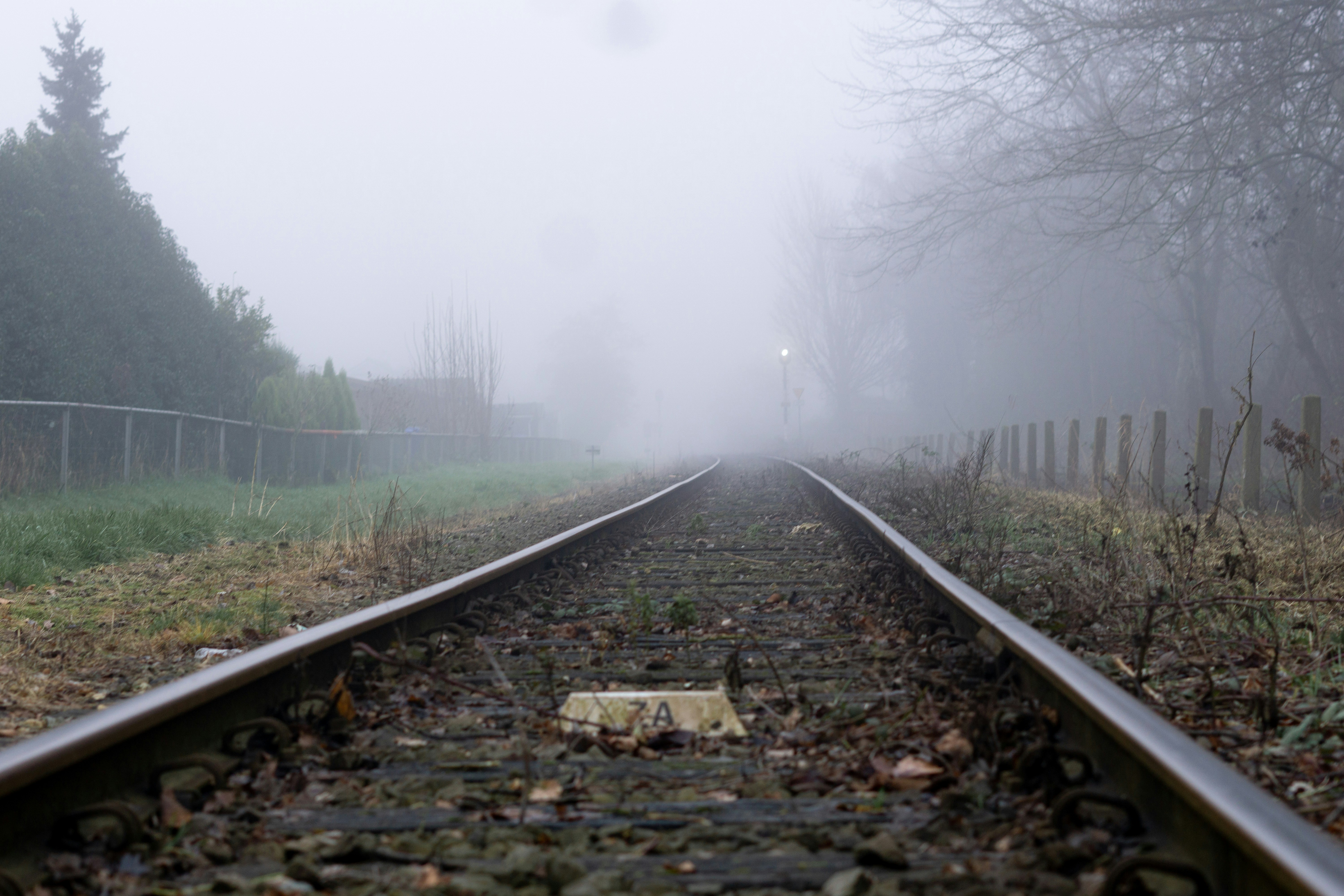 a train track in the middle of a foggy day