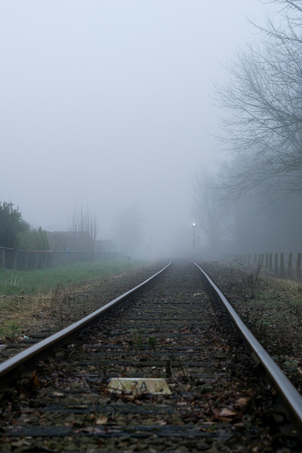 a train track in the middle of a foggy day