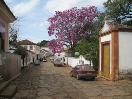 a car is parked on a cobblestone street