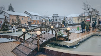 a group of people walking across a snow covered bridge