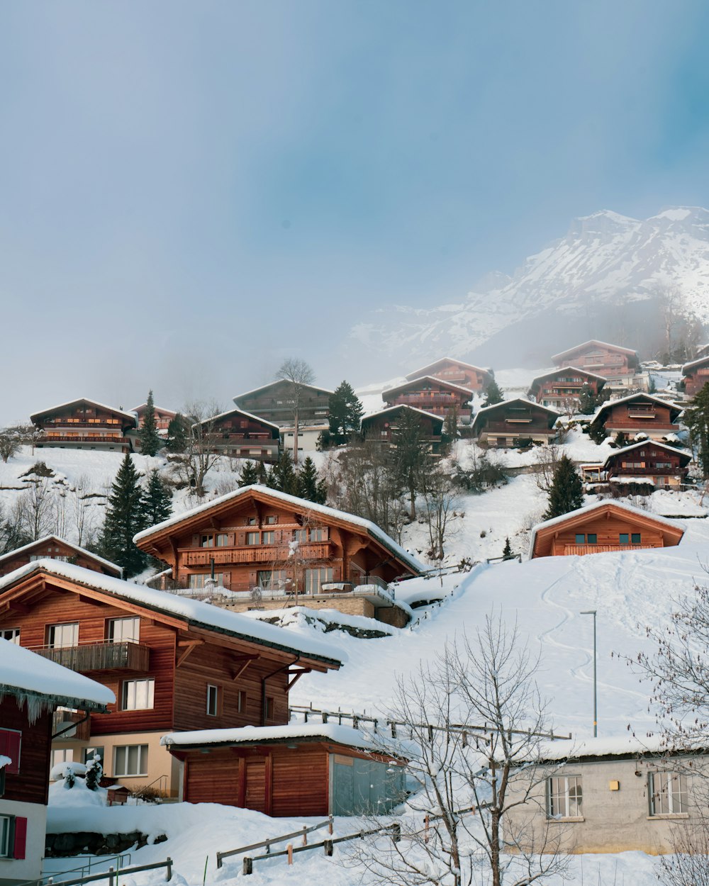 a snow covered mountain with houses in the background