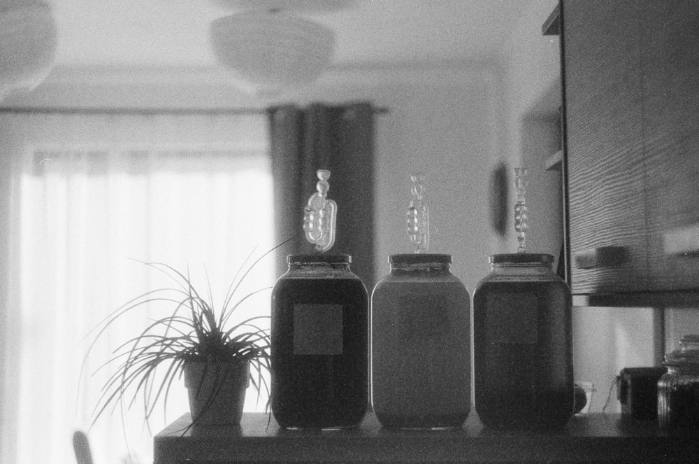 a black and white photo of three jars on a shelf