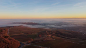 A panoramic view of the NA Farmhouse plots showcasing the peaceful, fog-kissed environment