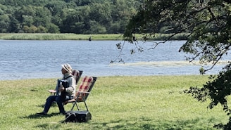 A person is seated on a grassy riverbank, playing an accordion. They are sitting in a foldable chair with another empty chair beside them. In the background, a calm river flows with dense green forest on the other side. Trees partially frame the scene from the top right corner.