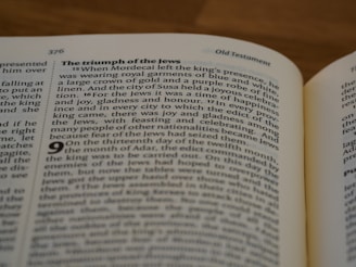 A close-up of an open book focusing on a page with a passage titled 'The triumph of the Jews.' The text discusses Mordecai and a celebration of happiness and joy in a biblical context. The page number 376 is visible, and the header indicates it's from the Old Testament.