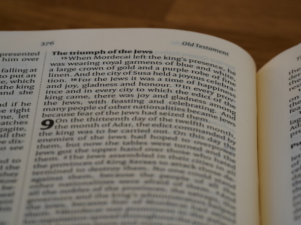A close-up of an open book focusing on a page with a passage titled 'The triumph of the Jews.' The text discusses Mordecai and a celebration of happiness and joy in a biblical context. The page number 376 is visible, and the header indicates it's from the Old Testament.