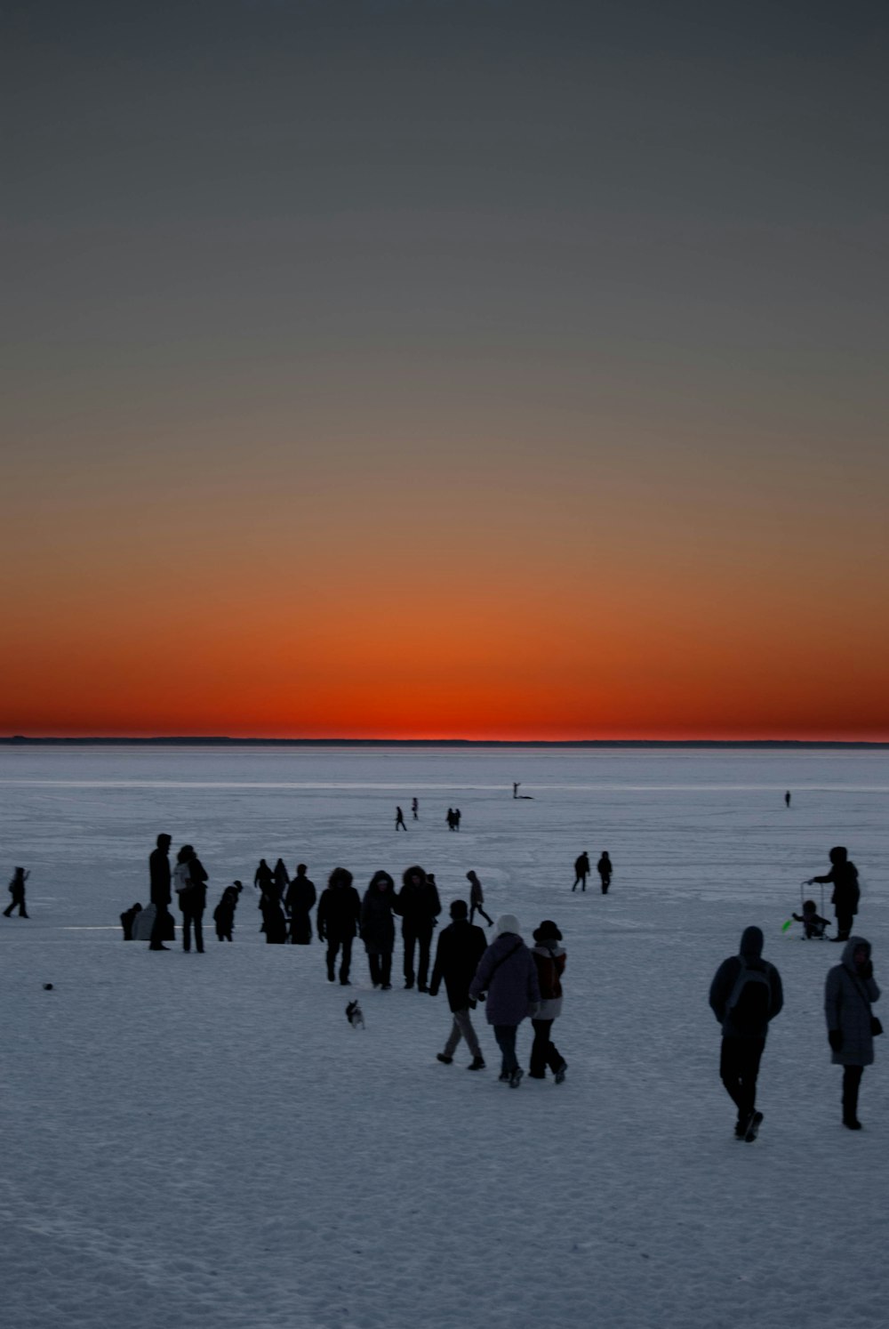 a group of people walking across a snow covered field