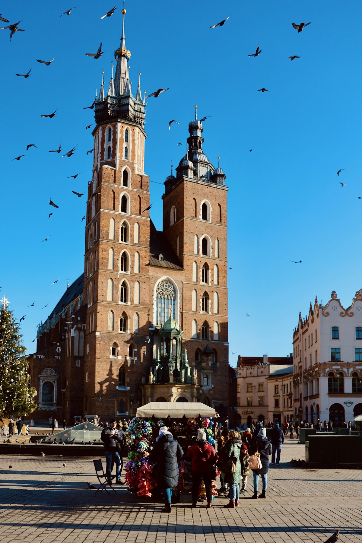 Kraków April — St Mary's Basilica from Rynek Główny with birds and market stalls on a spring day