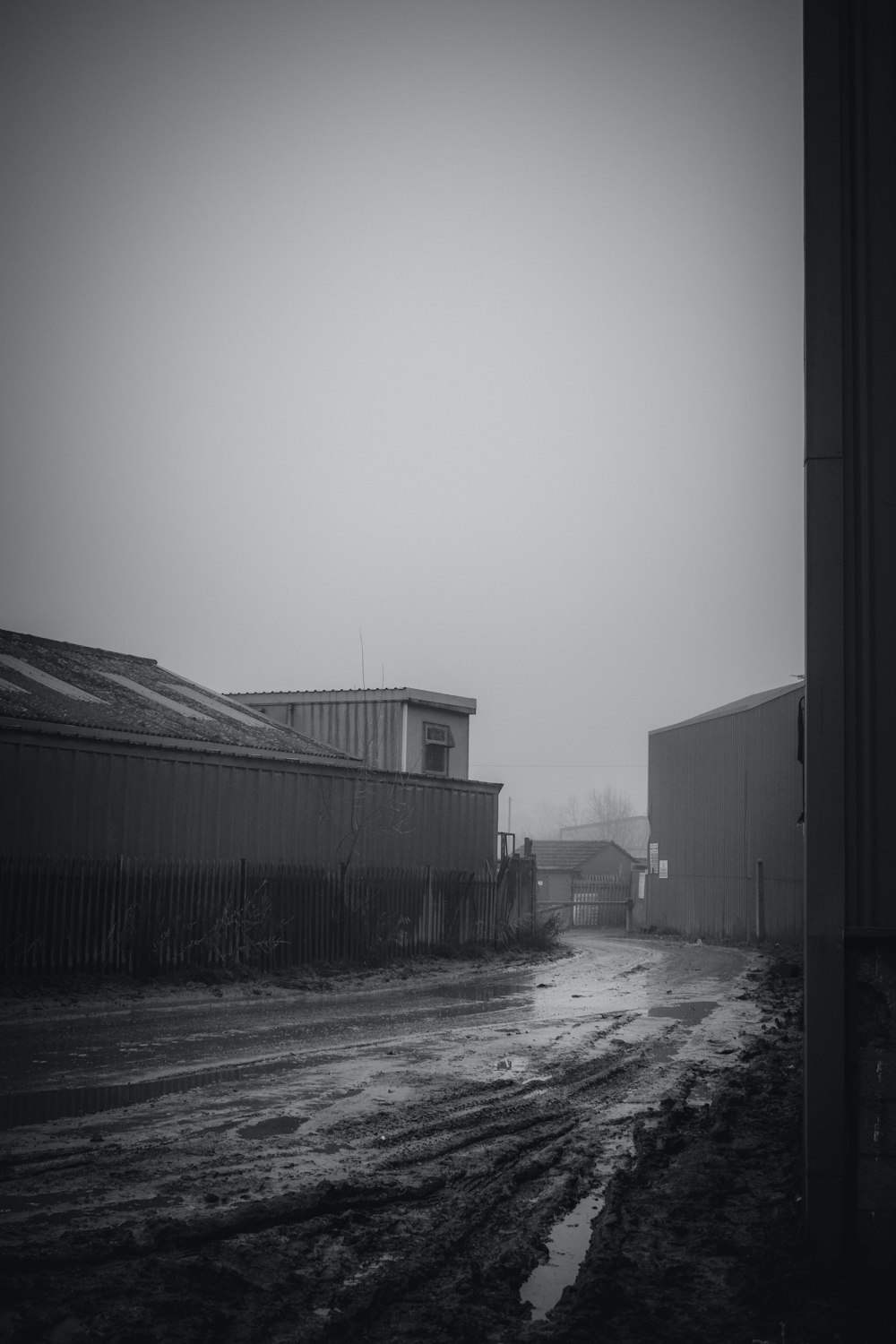 a black and white photo of a wet street