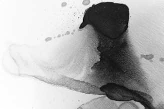 An abstract image featuring fluid, overlapping layers of black ink on a white surface. The ink appears to spread organically with some splatters and gradients visible, creating a dynamic, flowing appearance.