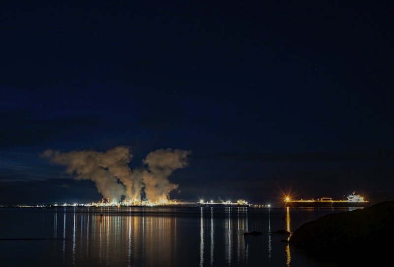 Oil refinery and gas processing plant illuminated at night