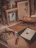 A cozy artist's desk with watercolor paints and botanical sketches inspired by enchanted forests.