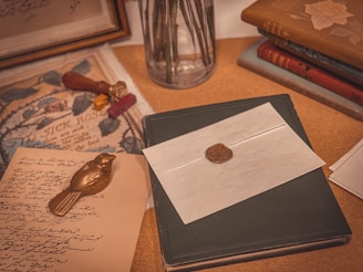 a table topped with books and a wax stamp