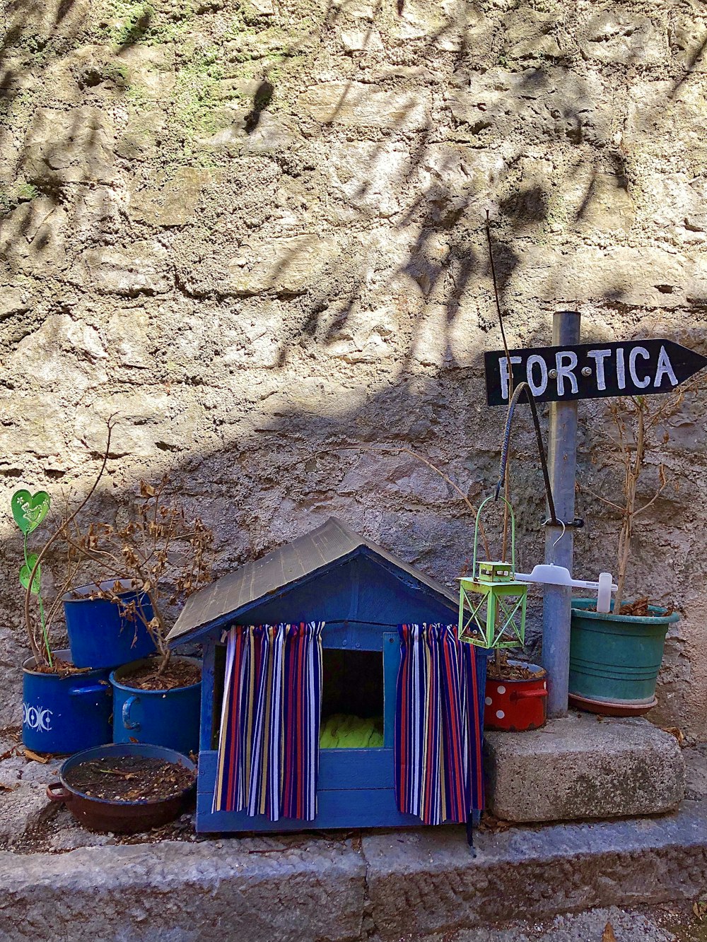 a blue dog house with a sign that says fortica