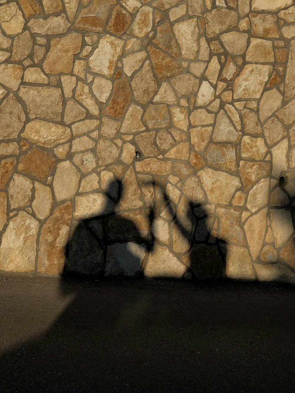 a shadow of two people standing next to a stone wall