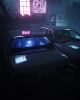 Two cars are parked in a dimly lit area with a neon sign that reads 'OPEN 24H' glowing in pink. The ambient light casts reflections on the cars, with a blue hue inside one car. There is a rustic, industrial backdrop featuring stone walls and electrical boxes.