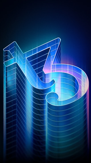 an abstract image of a building with a blue arrow