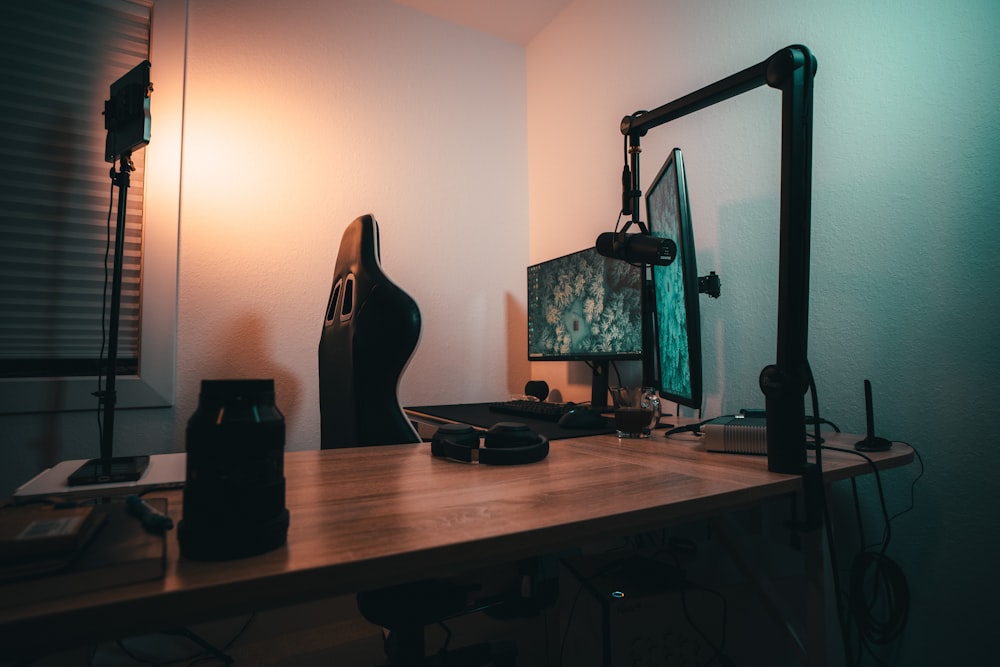 a desk with a guitar and other musical equipment