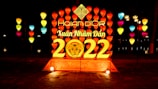 A vibrant Tet celebration with traditional decorations.