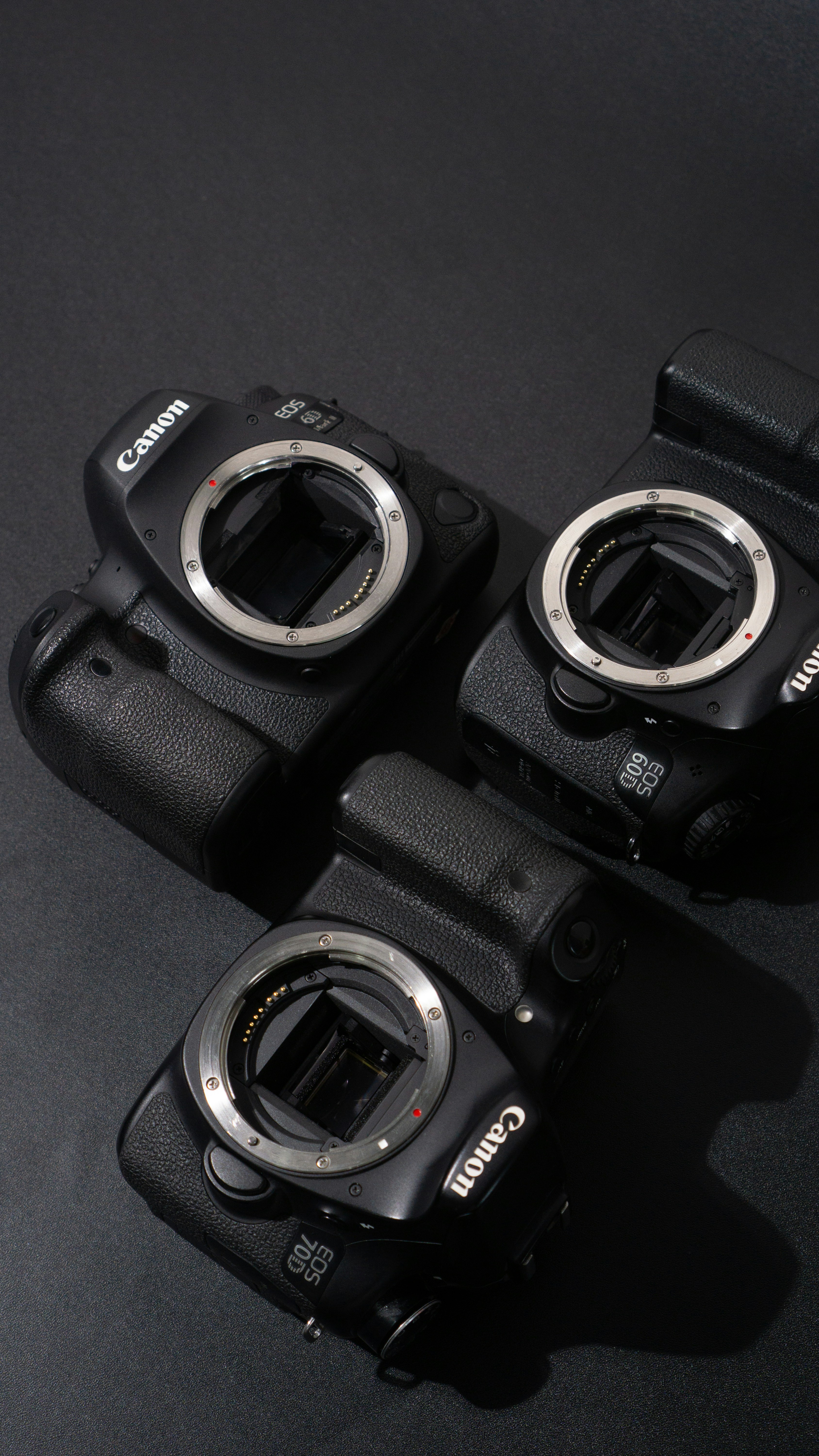 Professional cameras including Canon EOS, Sony Alpha, and Nikon DSLR models for photography comparison