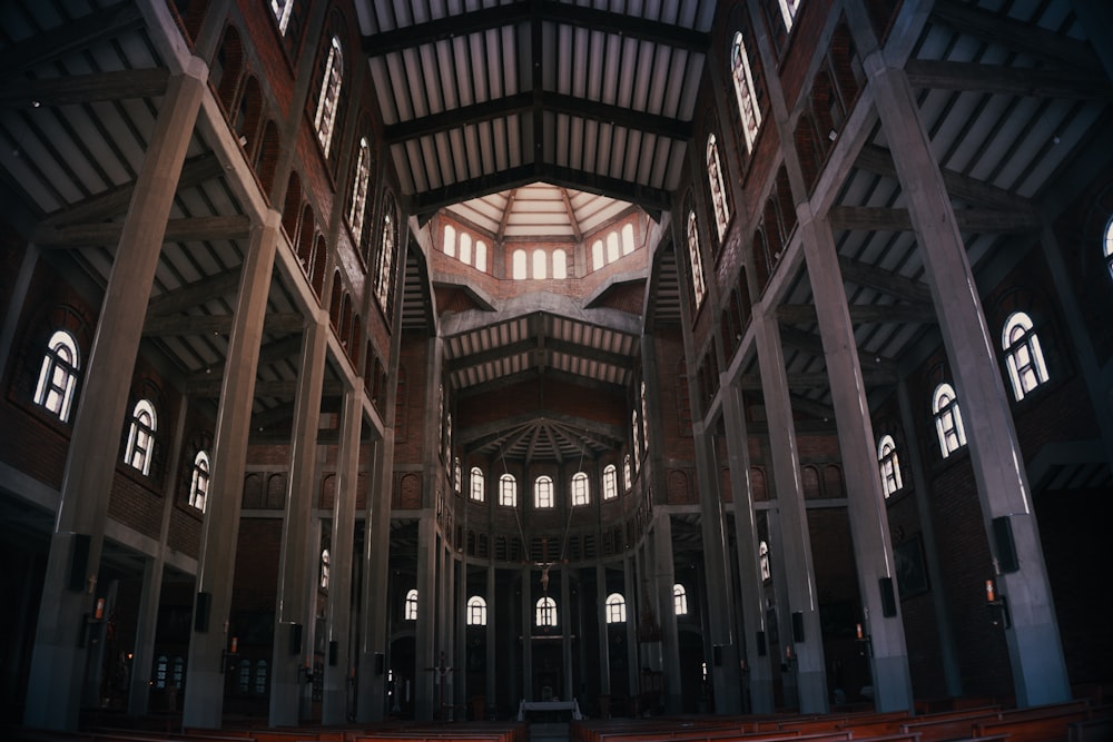 the inside of a large building with many windows