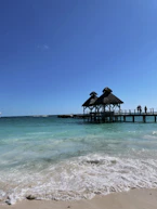 a beach with a pier and people standing on it