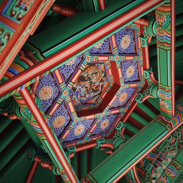 Intricate and colorful traditional ceiling decoration featuring detailed geometric patterns and ornate artwork. The design includes vibrant colors and symmetrical layouts, with a central motif that appears to depict a mythical scene.