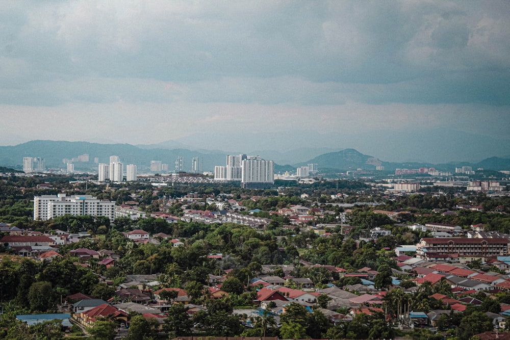 a view of a city with mountains in the background