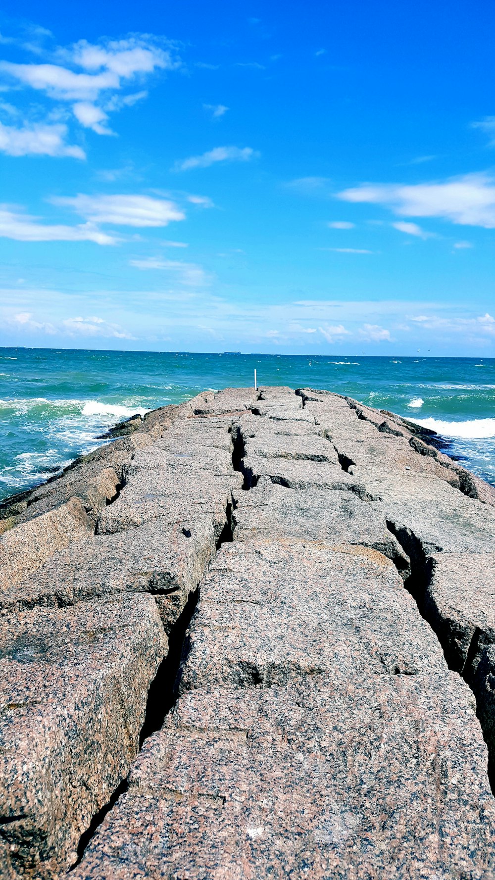 a person standing on a large rock near the ocean