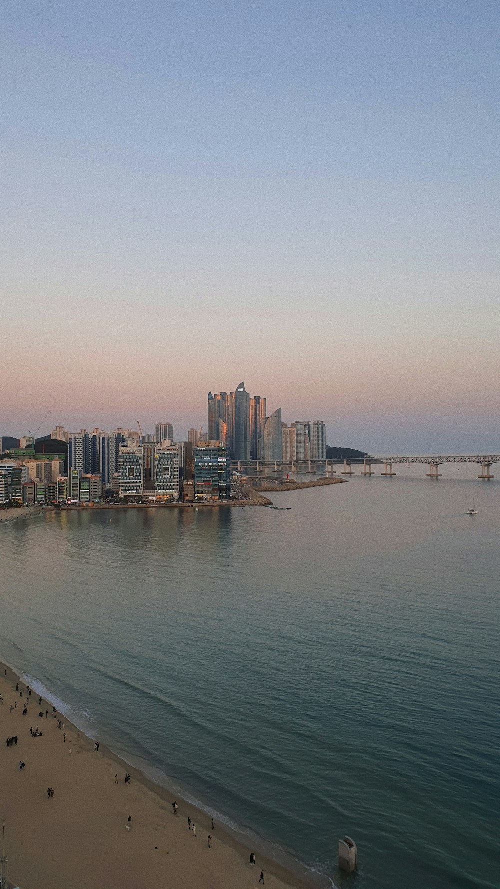 a view of a beach with a city in the background