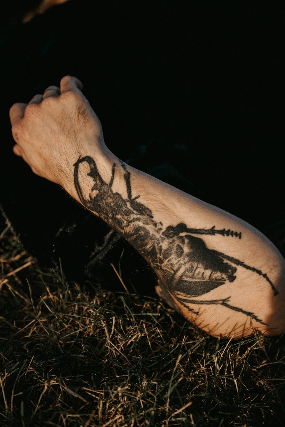 a man's arm with a tattoo of a bug on it