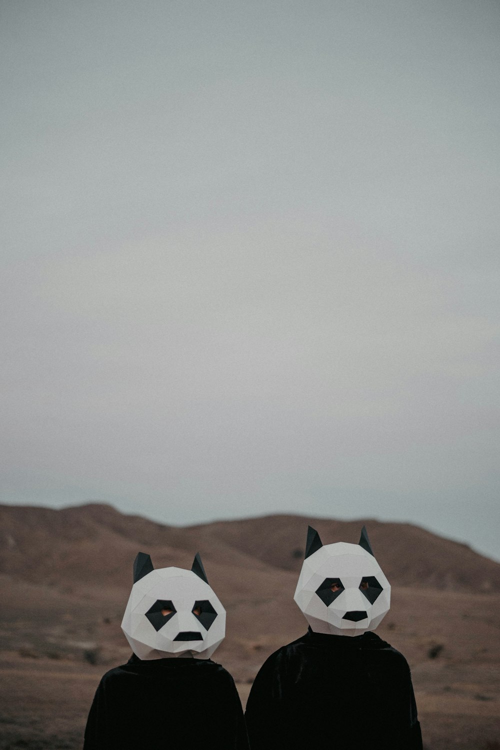 two people wearing panda masks standing in front of a mountain