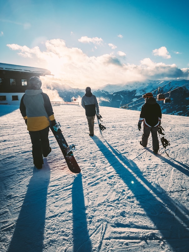 a group of people standing on top of a snow covered slope